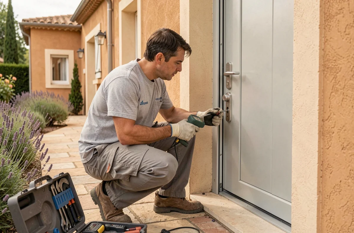 Professionnel d'Abaca Serrurier examinant une serrure multipoint sur une porte PVC à Montpellier