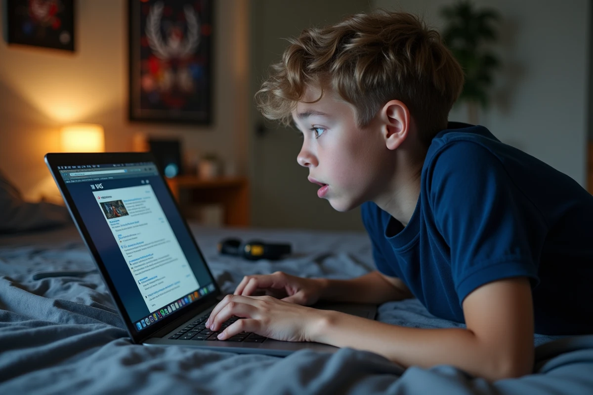 Adolescent allongé sur son lit consultant un topic archivé sur JVC depuis son ordinateur portable