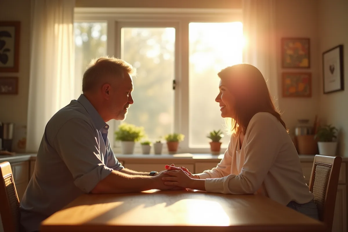 Adulte attentif à une conversation dans la cuisine lumineuse