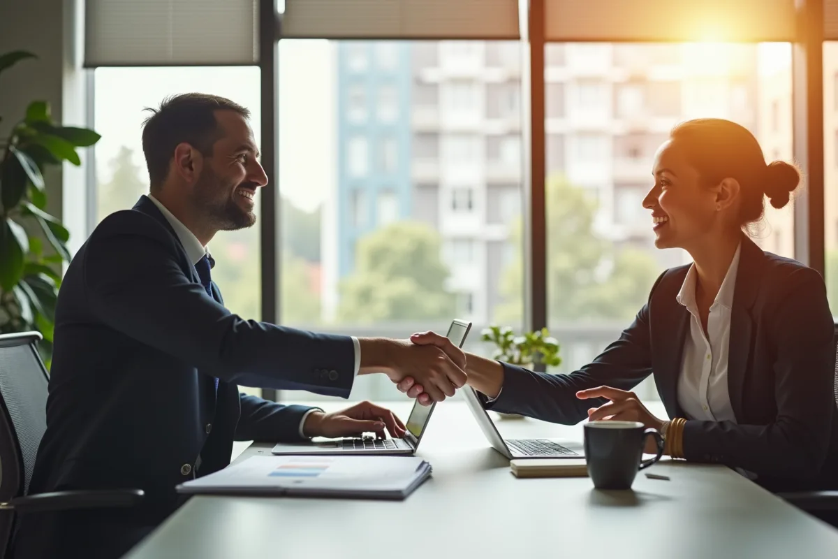 Agent immobilier serrant la main d'un client dans un bureau lumineux