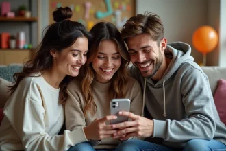 Trois amis souriants autour d'un téléphone avec GIF anniversaire
