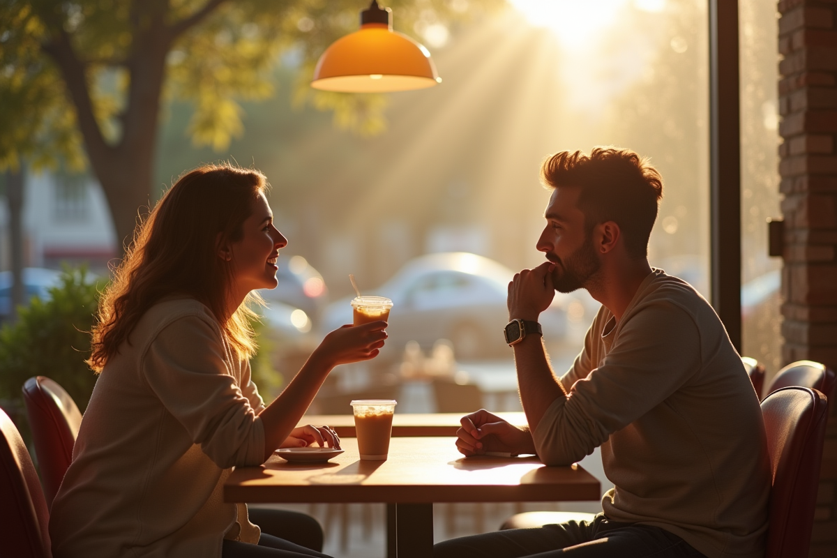 Deux amis discutant dans un café en plein soleil