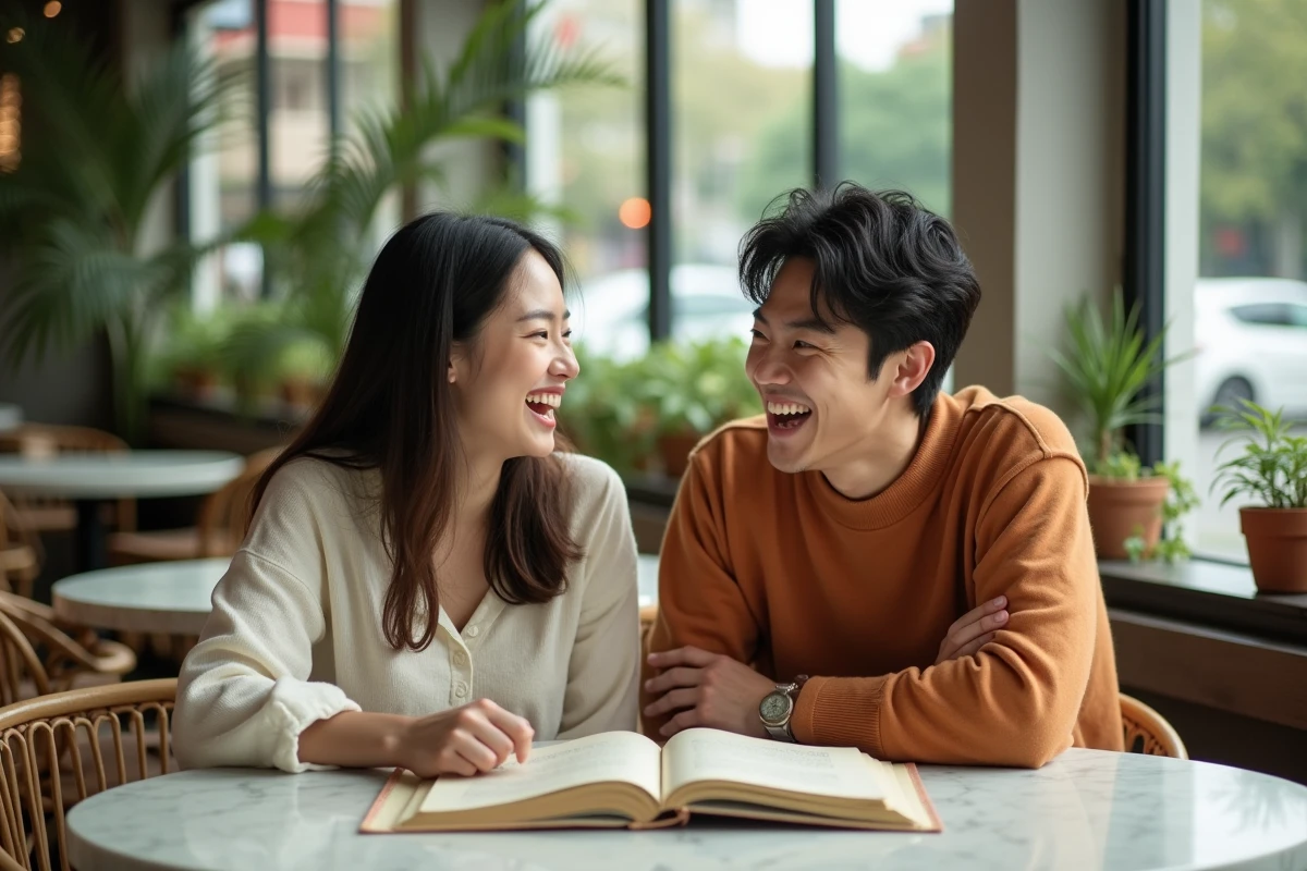 Deux amis partageant leur enthousiasme pour un manhwa autour d'un café dans un cadre urbain tendance