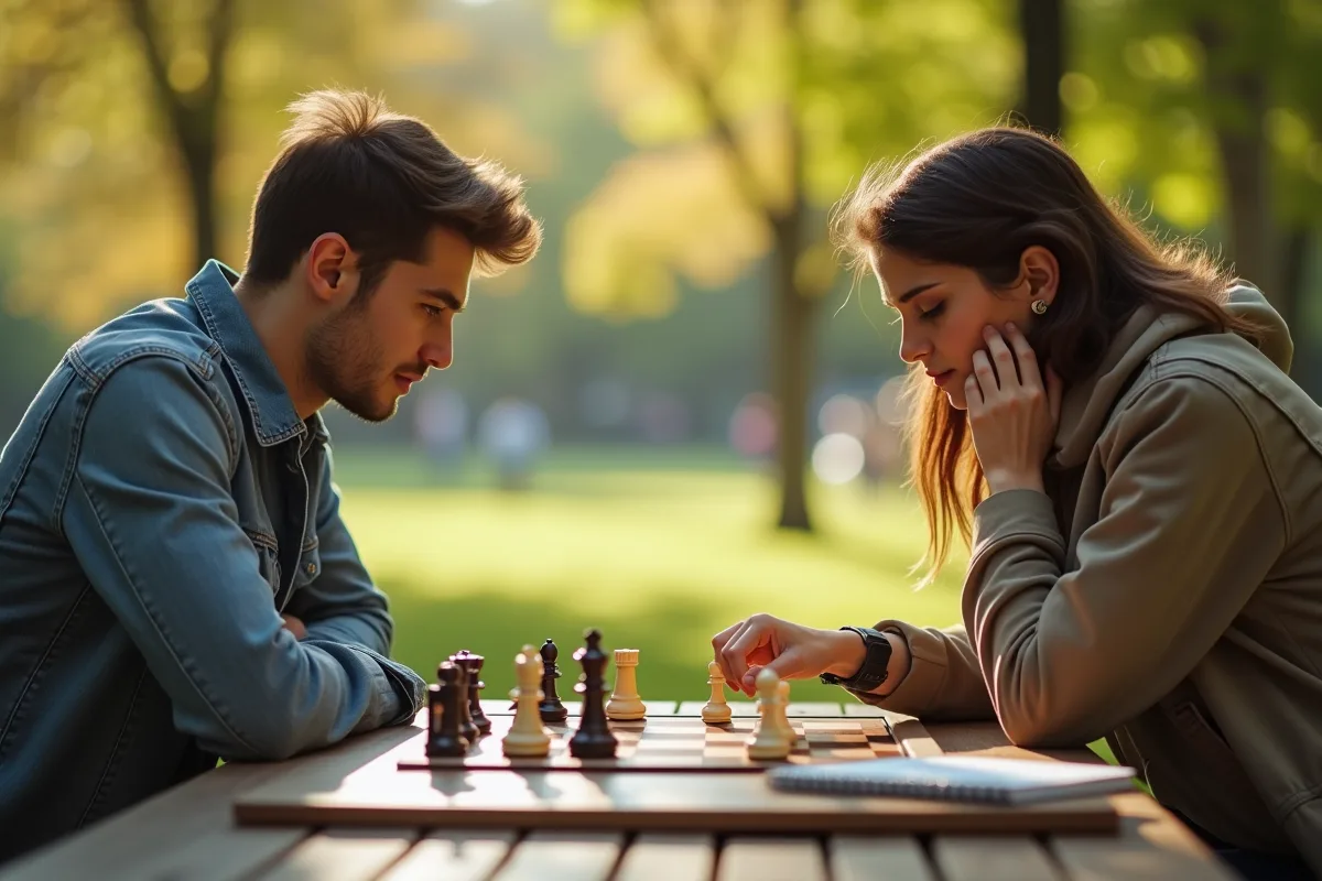 Deux amis jouent aux échecs dans un parc ensoleille avec surprise