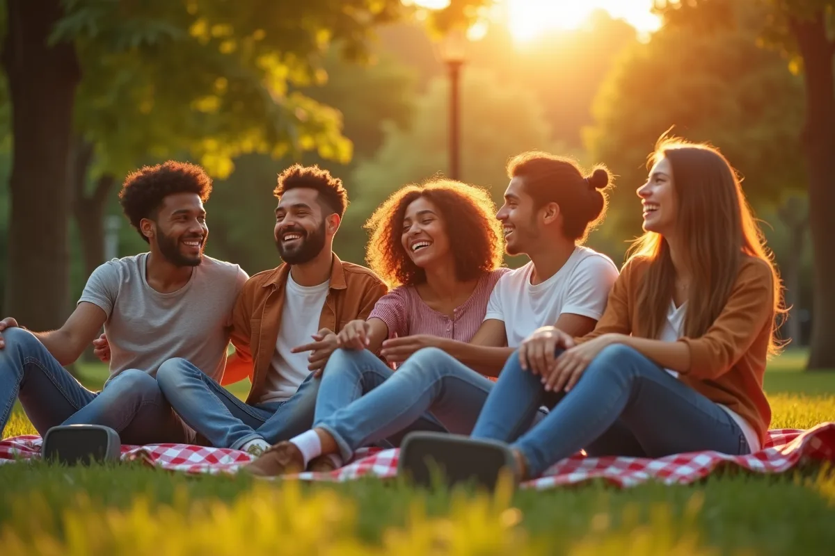 Groupe d amis profitant de la musique dans un parc ensoleille