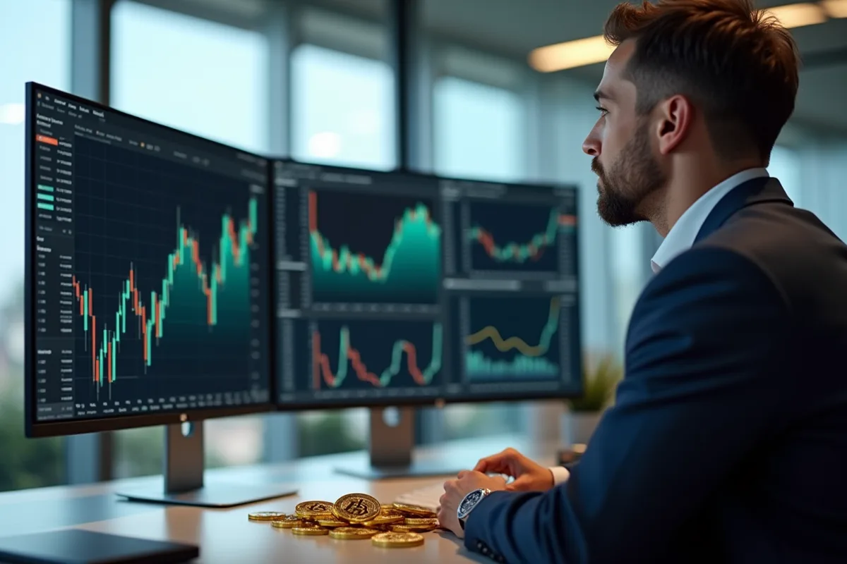 Analyste en crypto monnaie dans un bureau moderne
