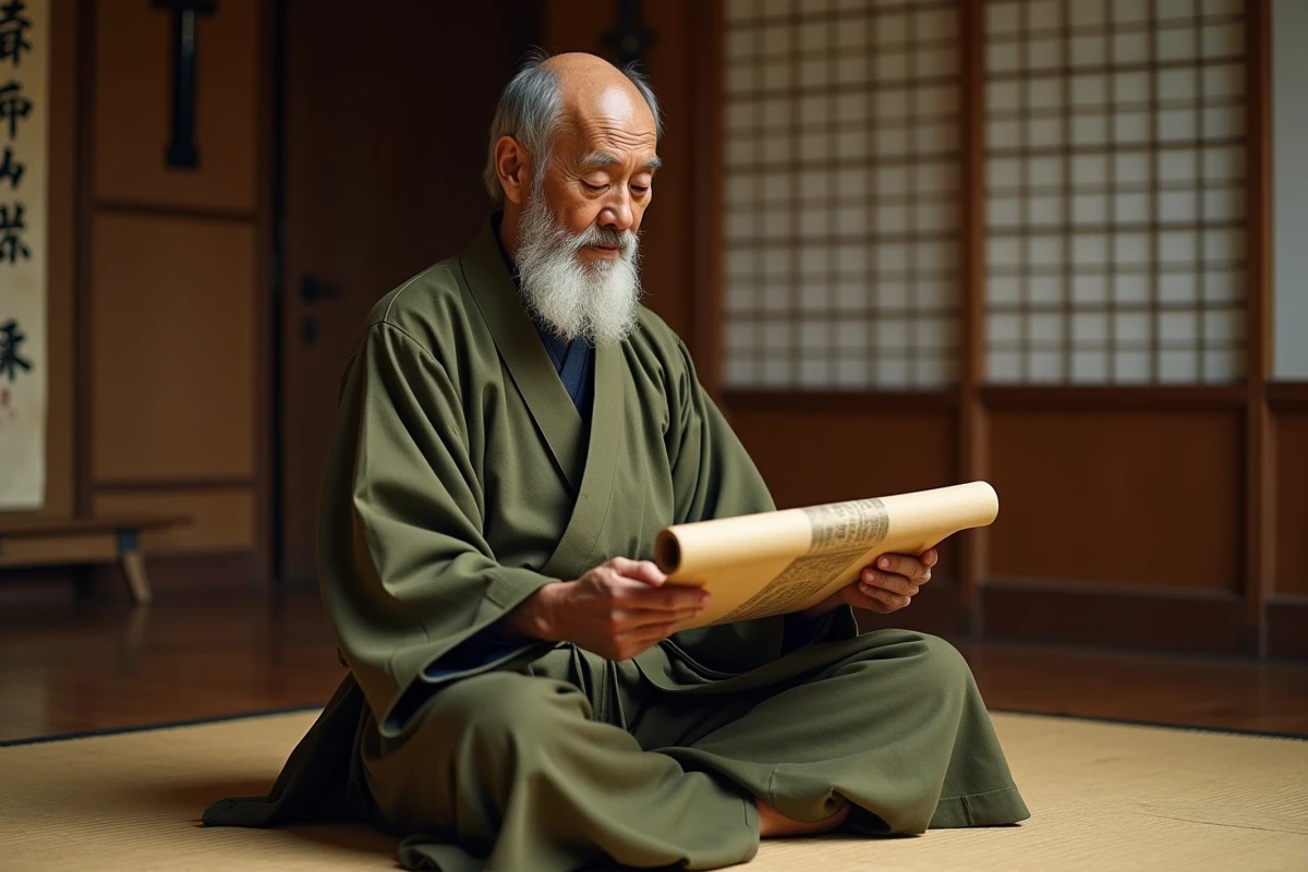 Homme japonais âgé en kimono lisant un vieux scroll martial