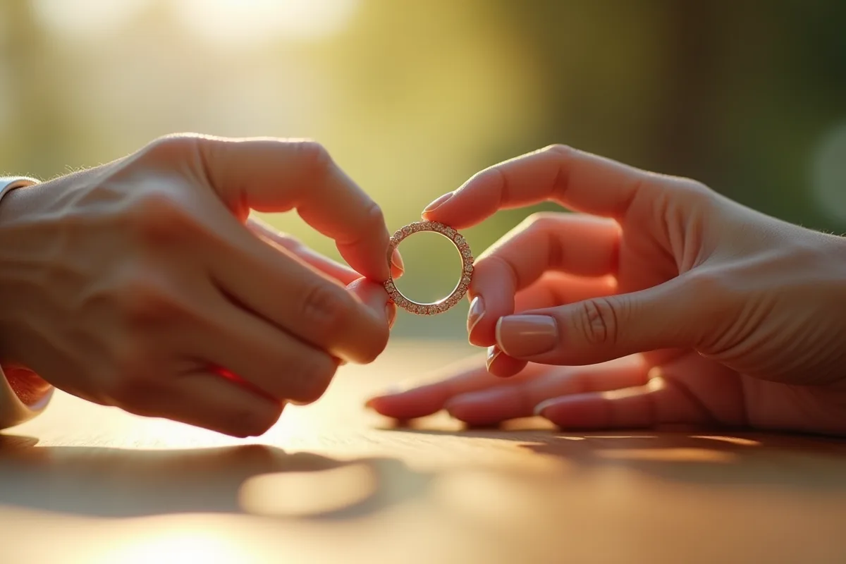 Main féminine tenant des anneaux de mariage en reflet