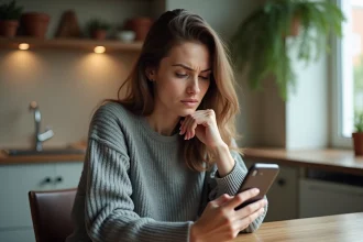 Femme consultant un annuaire inversé gratuit sur son smartphone pour identifier un numéro inconnu