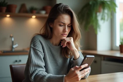 Femme consultant un annuaire inversé gratuit sur son smartphone pour identifier un numéro inconnu