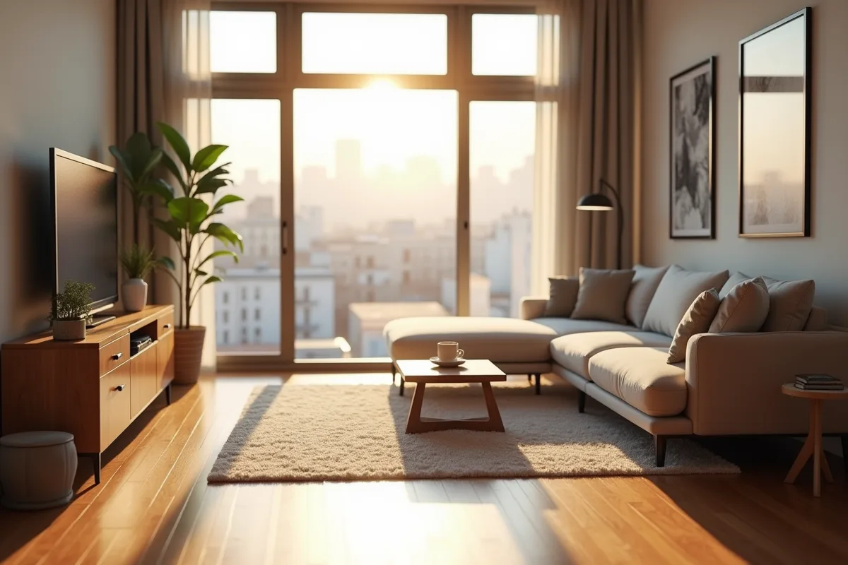 Salon d appartement urbain avec lumière naturelle et décoration minimaliste