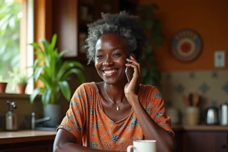 Femme mahoraise passant un appel téléphonique depuis son domicile avec un smartphone, indicatif 262