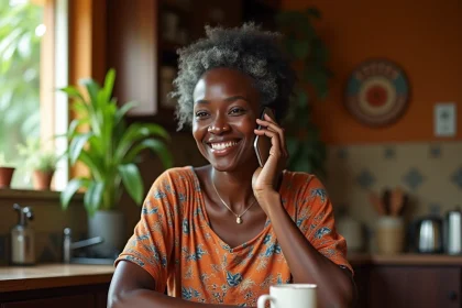 Femme mahoraise passant un appel téléphonique depuis son domicile avec un smartphone, indicatif 262