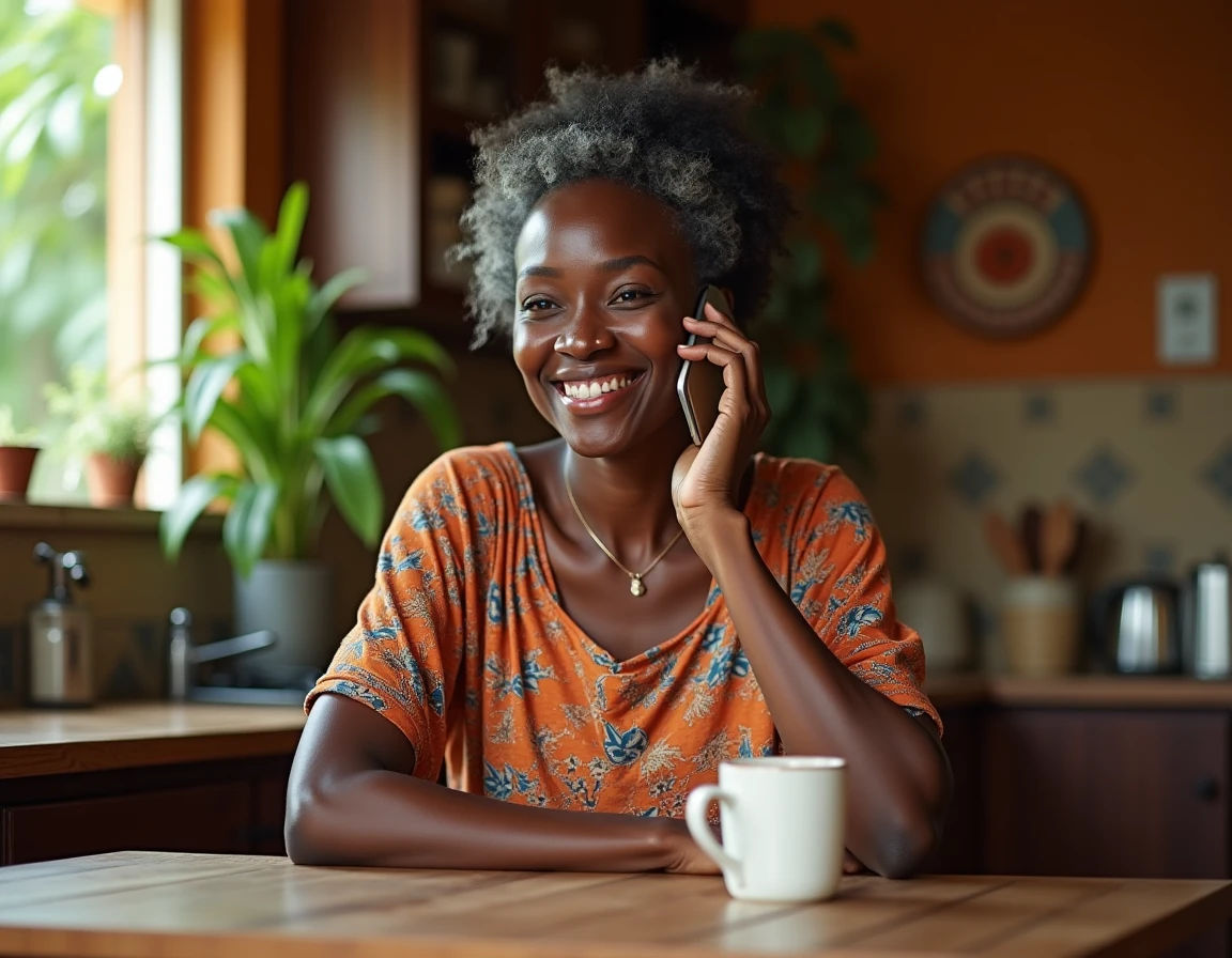 Femme mahoraise passant un appel téléphonique depuis son domicile avec un smartphone, indicatif 262