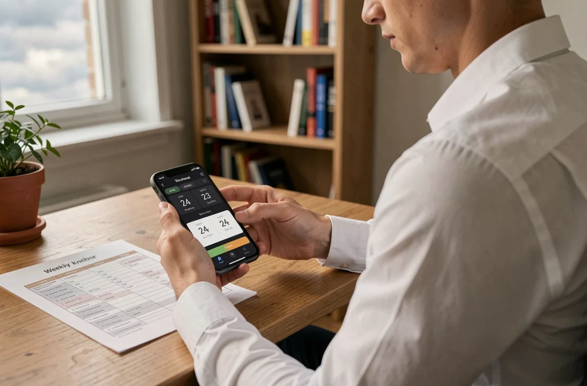 Jeune professionnel utilisant une application de conversion AM PM en 24h sur smartphone pour organiser ses horaires de travail à domicile