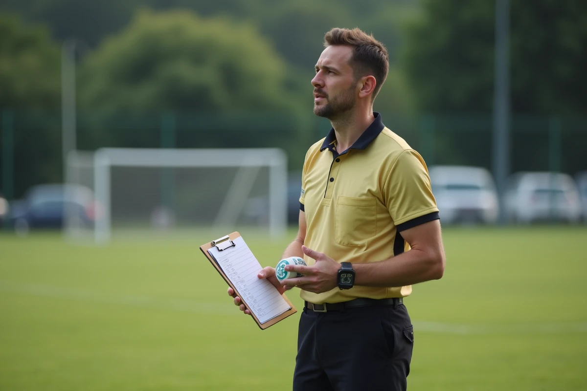 Arbitre effectuant un tirage au sort impartial avec un tambour numéroté sur un terrain de football extérieur