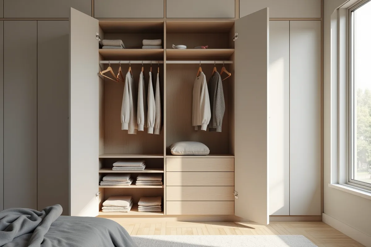 Armoire ouverte dans une chambre minimaliste avec vêtements neutres