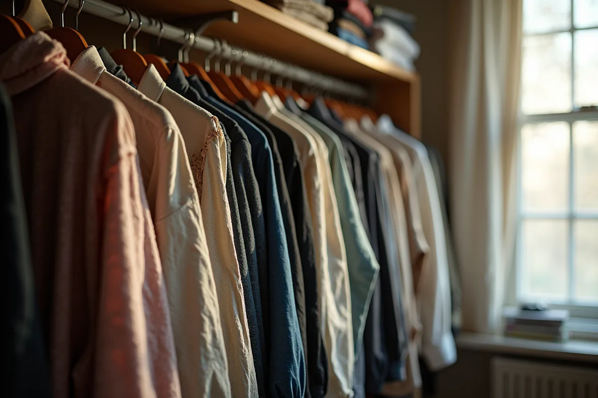 Armoire bien organisée avec vêtements pliés et suspendus