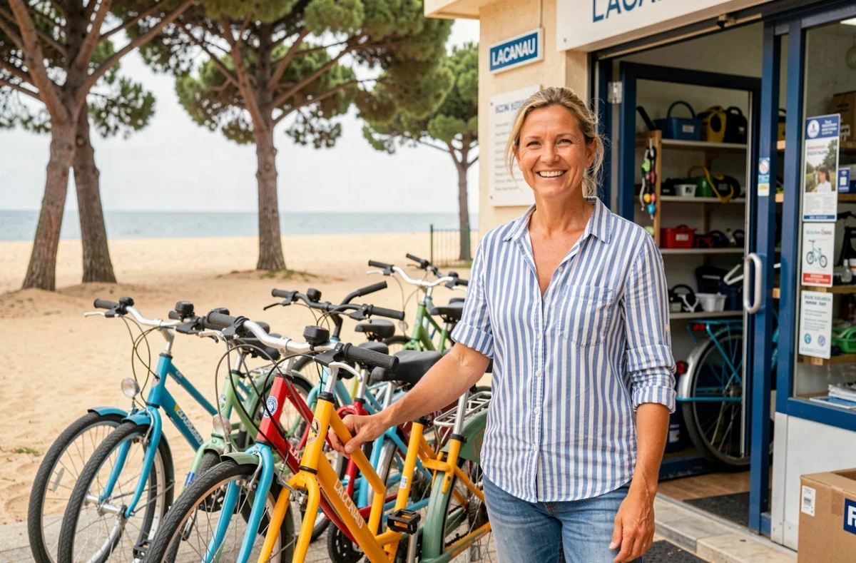 Propriétaire d'un atelier de location et réparation de vélos posant devant des vélos colorés au bord de la mer à Lacanau
