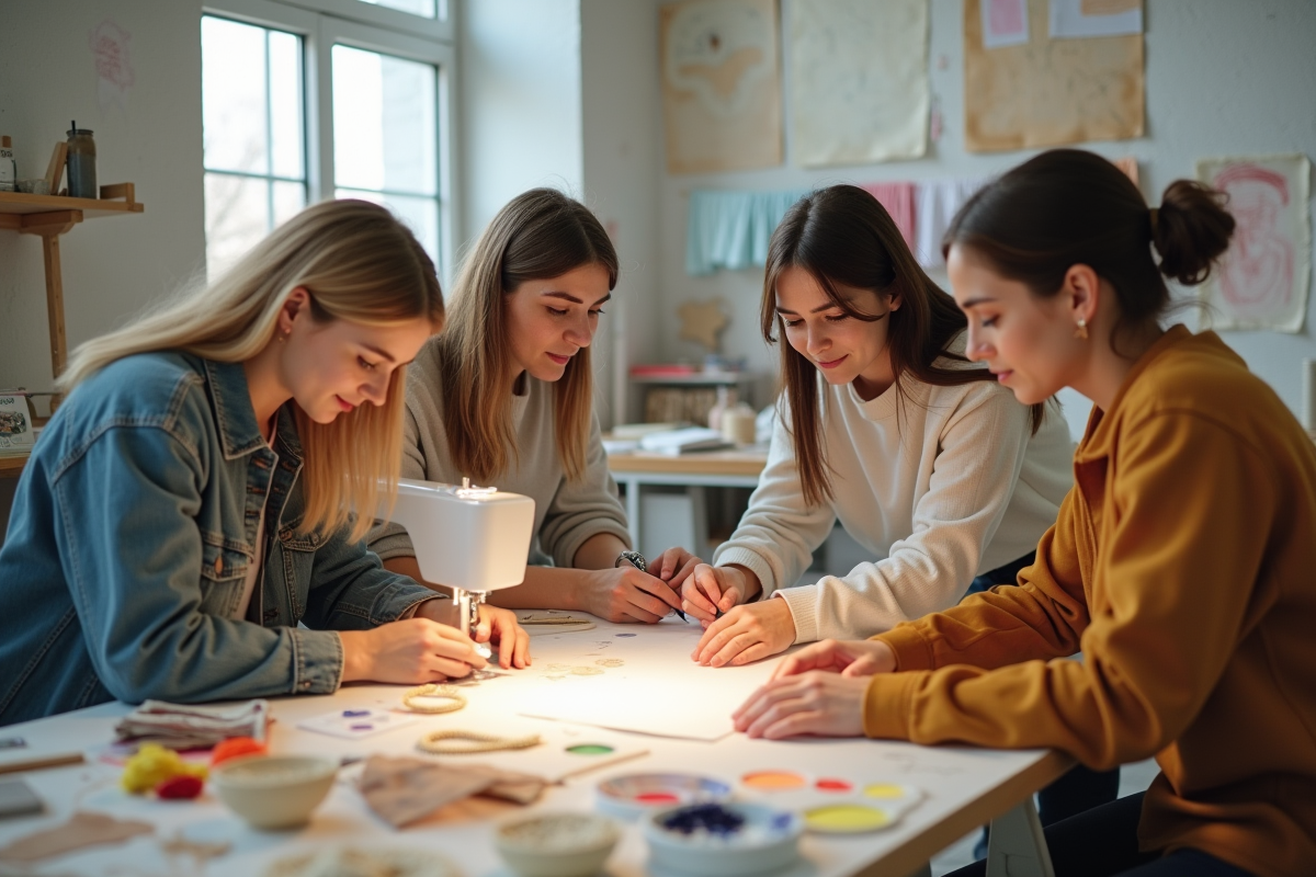 Jeunes designers collaborant dans un atelier écologique