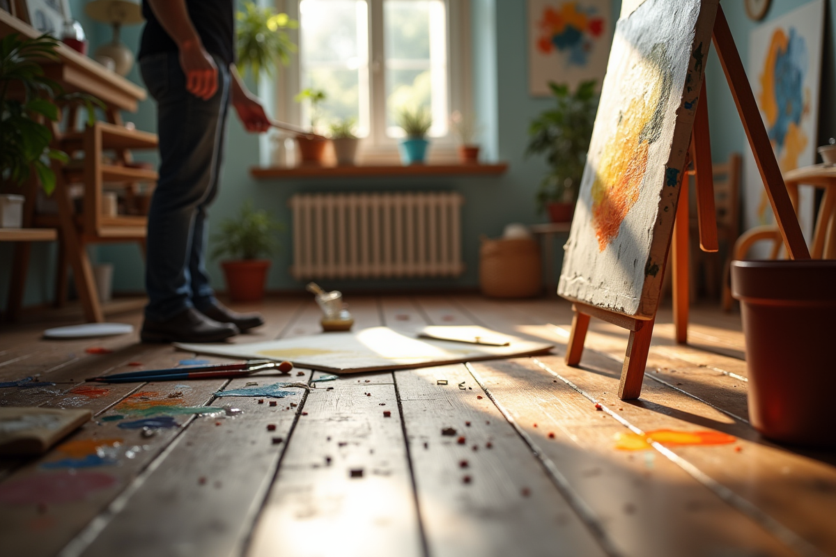 Artiste en train de peindre une toile abstraite dans un atelier lumineux