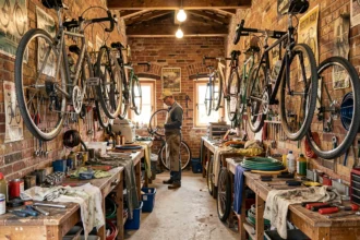 Atelier de réparation de vélos en Nouvelle-Aquitaine avec des bicyclettes accrochées aux murs et des outils sur les établis
