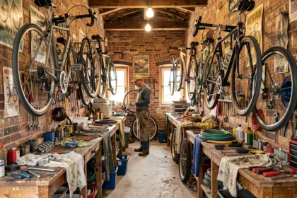 Atelier de réparation de vélos en Nouvelle-Aquitaine avec des bicyclettes accrochées aux murs et des outils sur les établis