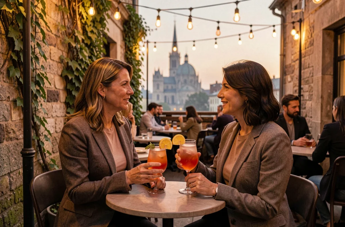 Deux femmes en conversation sur une terrasse de bar à Toulouse au crépuscule avec des cocktails Aperol spritz