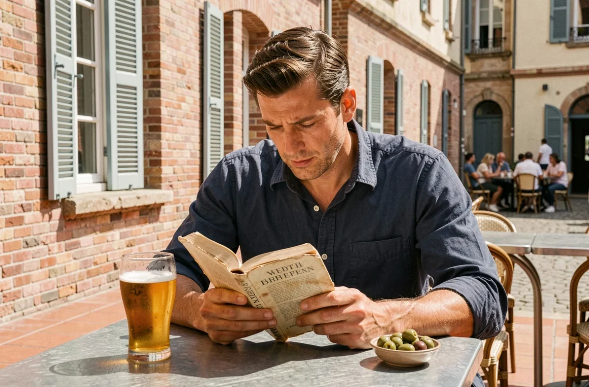 Homme seul lisant un livre en terrasse d'un bar toulousain avec une bière artisanale et des olives