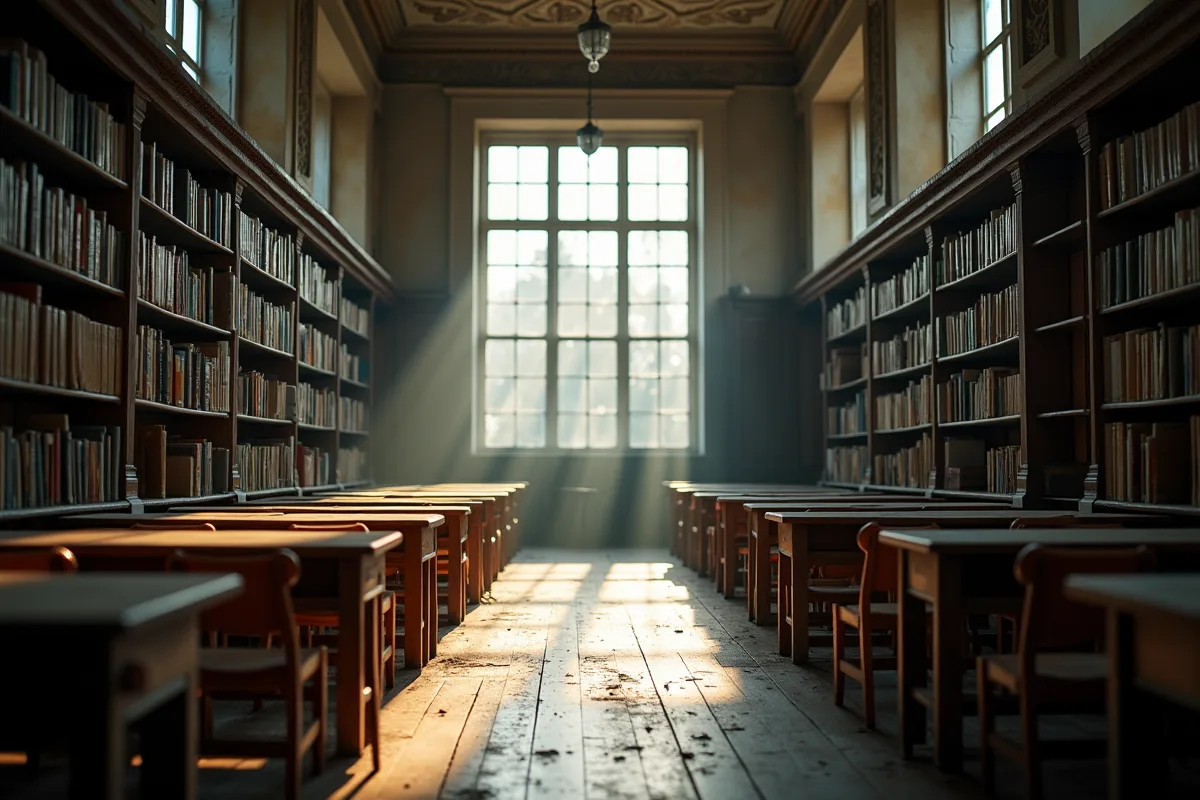 Bibliotheque fermee et poussiereuse avec chaises vides