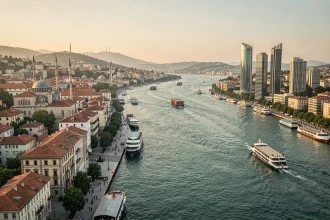 Vue panoramique du détroit du Bosphore à Istanbul séparant l'Europe et l'Asie, avec des navires traversant la frontière naturelle entre deux continents