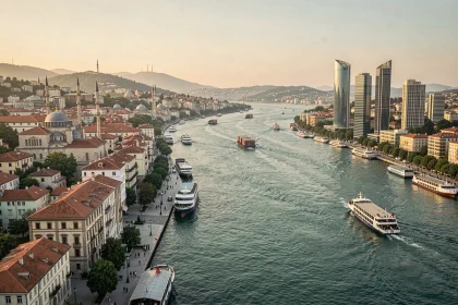 Vue panoramique du détroit du Bosphore à Istanbul séparant l'Europe et l'Asie, avec des navires traversant la frontière naturelle entre deux continents