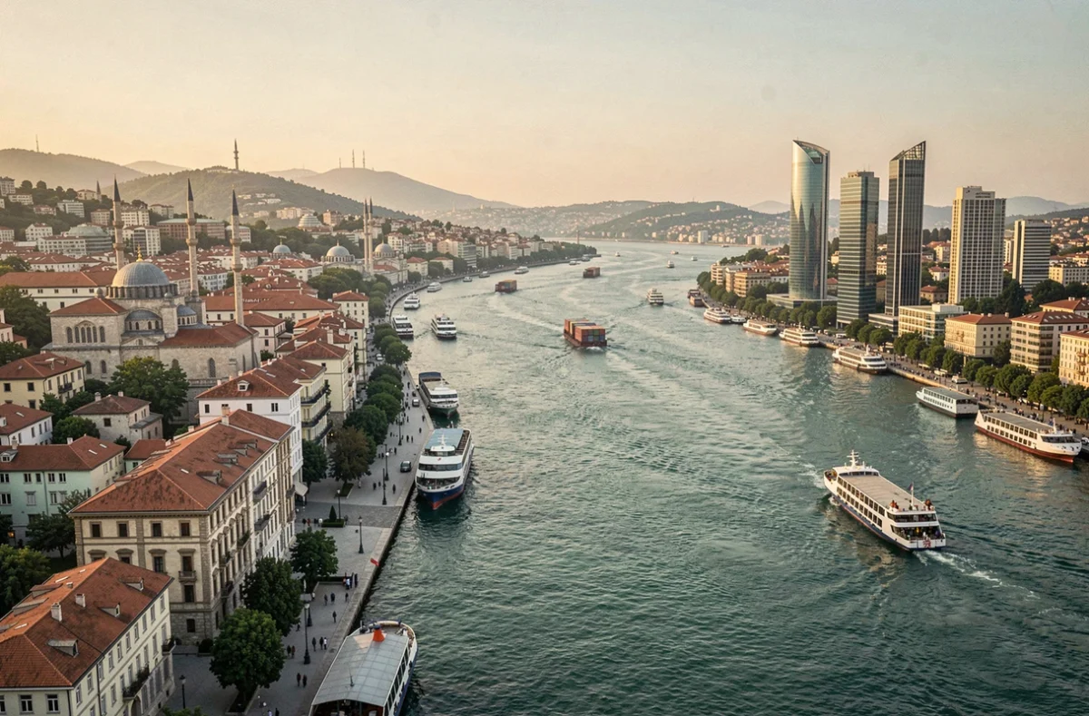 Vue panoramique du détroit du Bosphore à Istanbul séparant l'Europe et l'Asie, avec des navires traversant la frontière naturelle entre deux continents