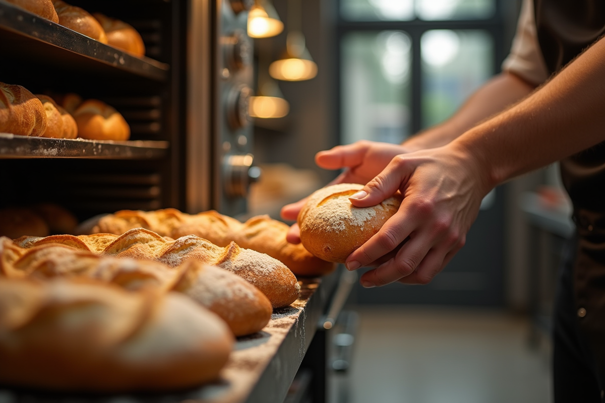 Boulanger sortant des pains dorés du four dans une boulangerie animée