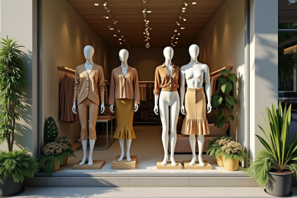Vitrine de boutique mode durable avec mannequins et nature