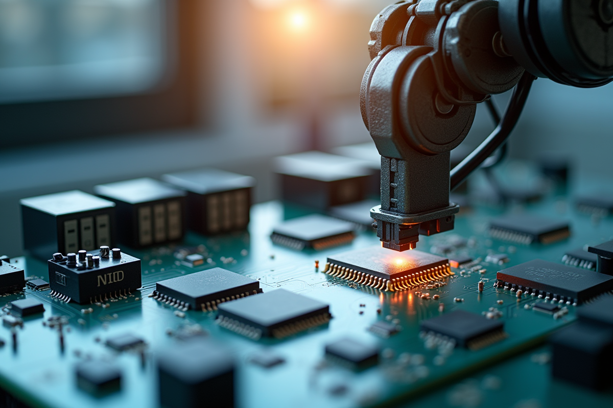 Bras robotique assemblant des microchips dans un environnement technologique