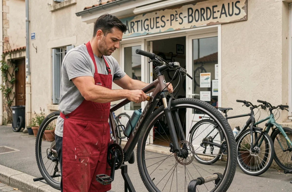 Mécanicien remplaçant les plaquettes de frein d'un vélo devant un atelier de réparation à Artigues-près-Bordeaux