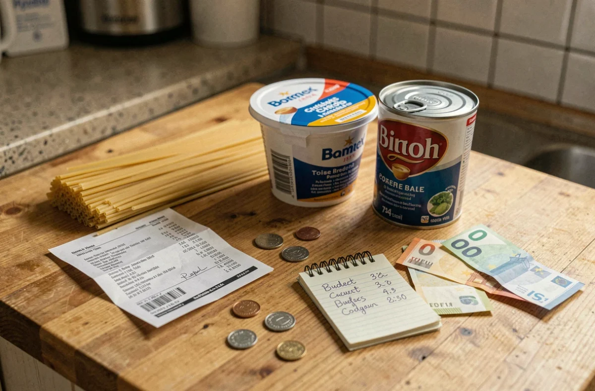 Ticket de caisse, billets, pièces et produits alimentaires sur une table de cuisine, symbolisant la comparaison du budget courses entre supermarchés