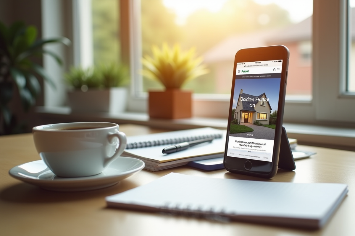 Bureau avec smartphone affichant site immobilier et café