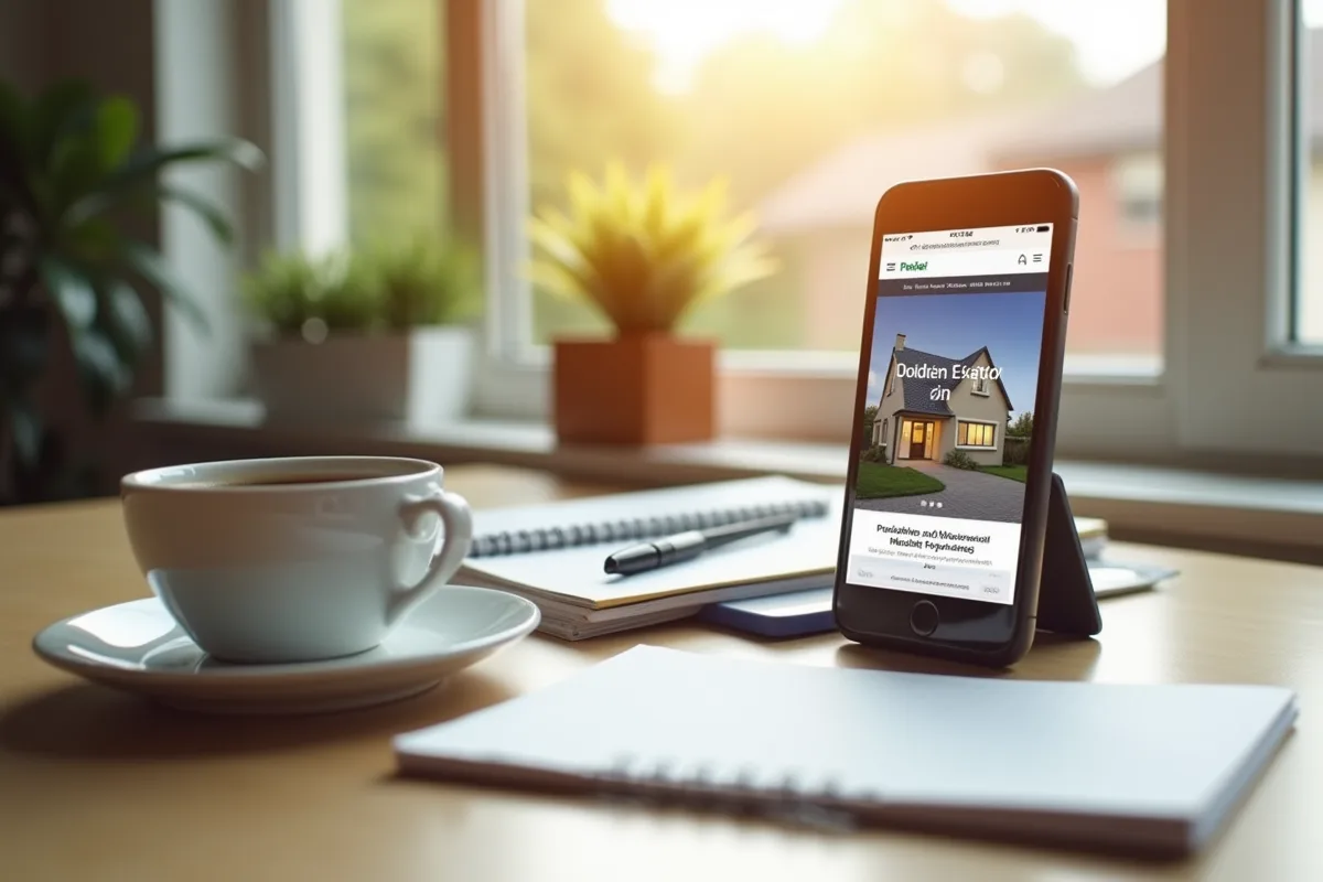 Bureau avec smartphone affichant site immobilier et café