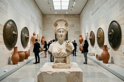 Buste en marbre d'Athéna dans une salle de musée archéologique entourée d'artefacts grecs anciens