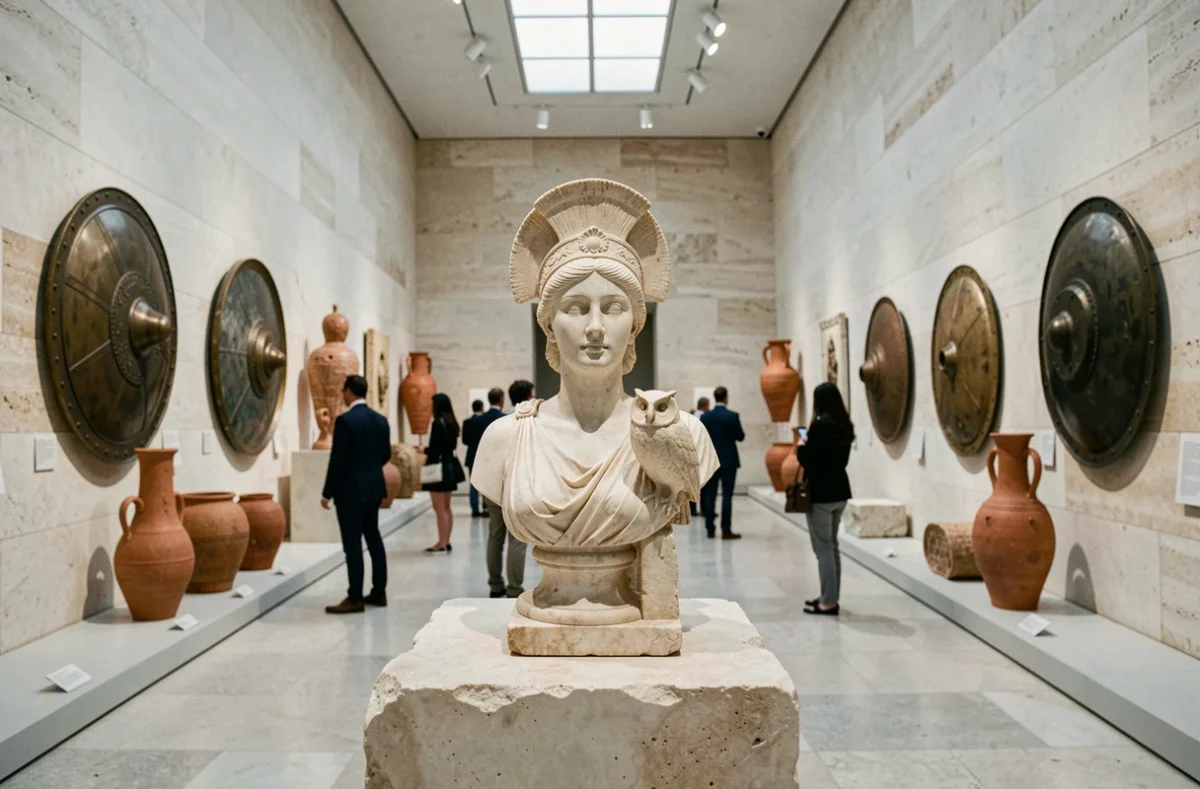 Buste en marbre d'Athéna dans une salle de musée archéologique entourée d'artefacts grecs anciens