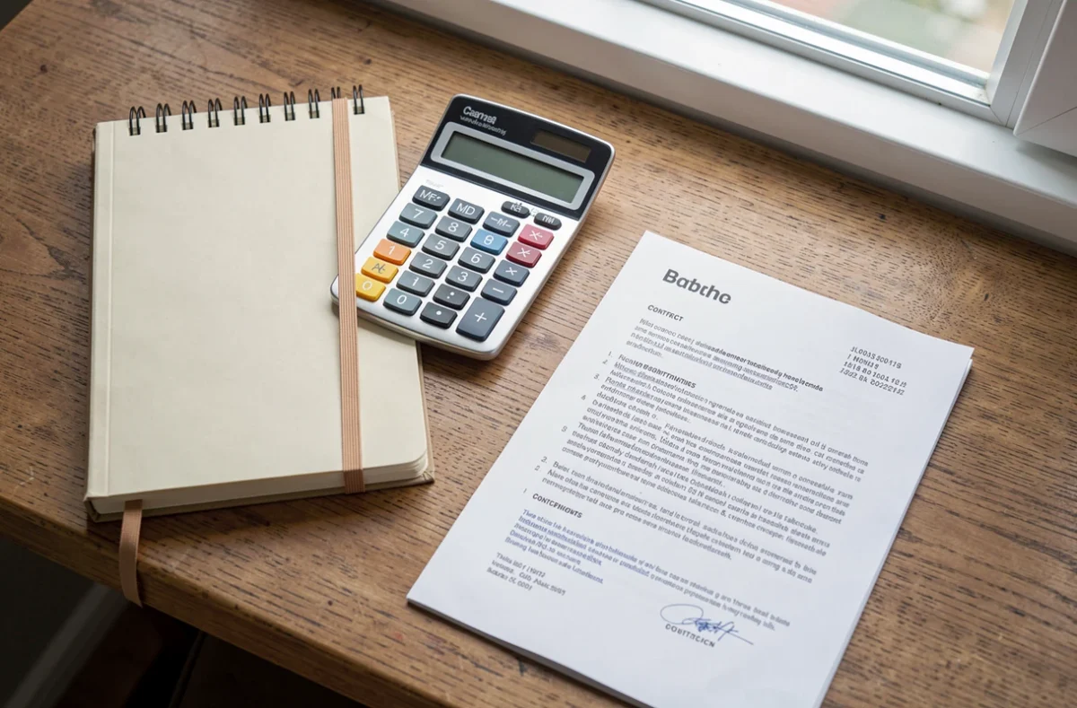 Calculatrice et contrat posés sur un bureau pour calculer les frais