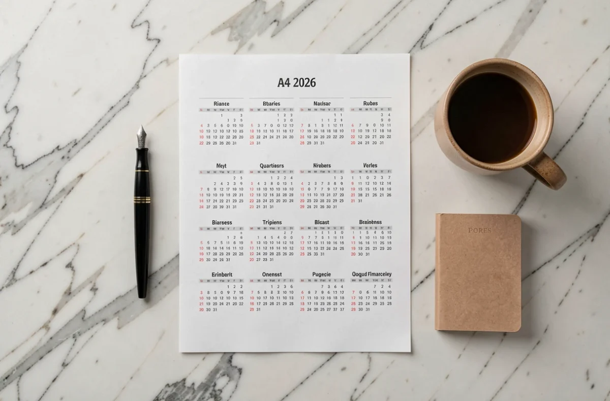 Vue en plongée d'un calendrier trimestriel 2026 en français imprimé en A4 posé sur un bureau en marbre avec un stylo et un agenda