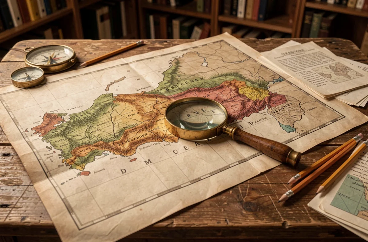 Carte géographique vintage de la Turquie posée sur une table en bois montrant la position du pays entre l'Europe et l'Asie avec une loupe