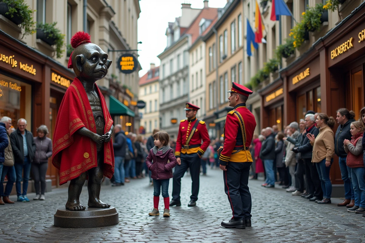 Cérémonie d'habillage du Manneken Pis en costume officiel lors d'une animation publique à Bruxelles