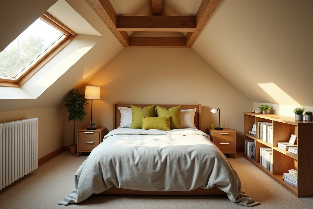 Chambre mansardee chaleureuse avec poutres en bois et coin lecture