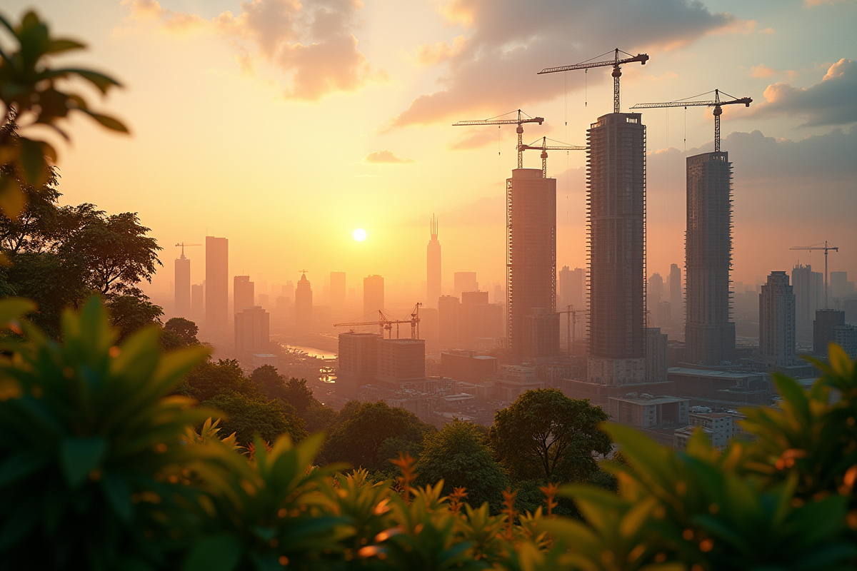 Vue panoramique d un chantier urbain au lever du soleil