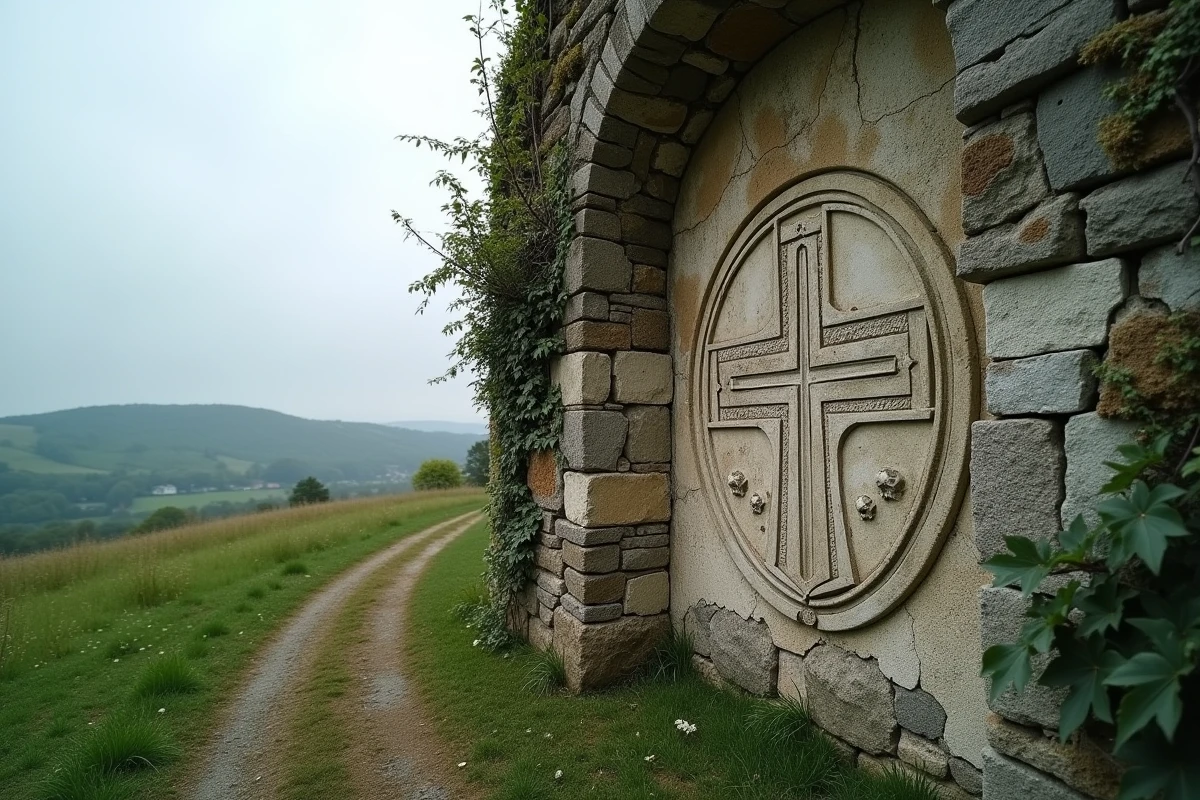 Mur d'une chapelle templière médiévale avec croix sculptée en relief entourée de lierre dans la campagne française