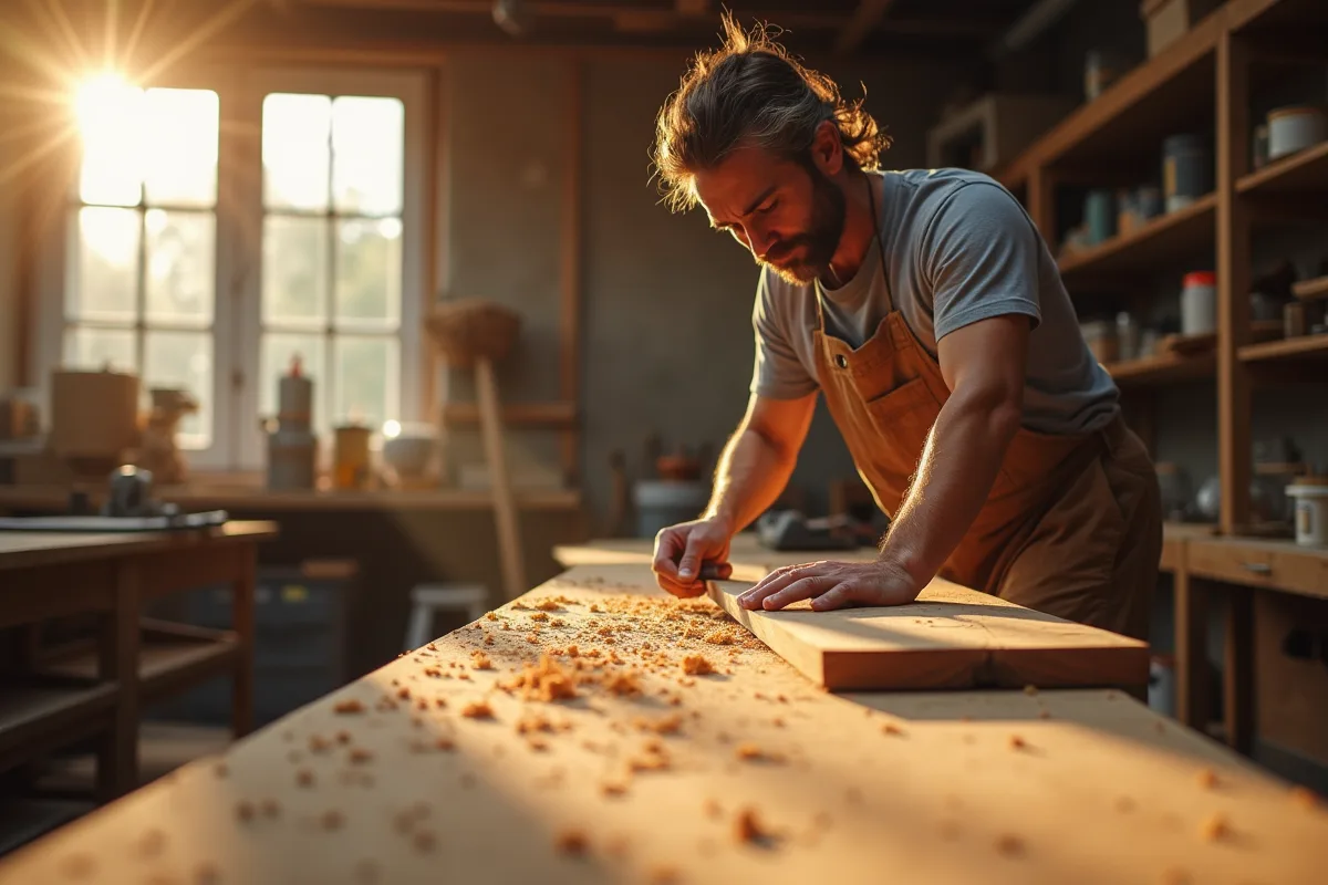 Charpentier façonnant une planche de bois dans un atelier lumineux